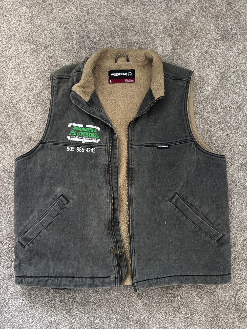 Wolverine Black Work Vest with Tan Sherpa Lining
